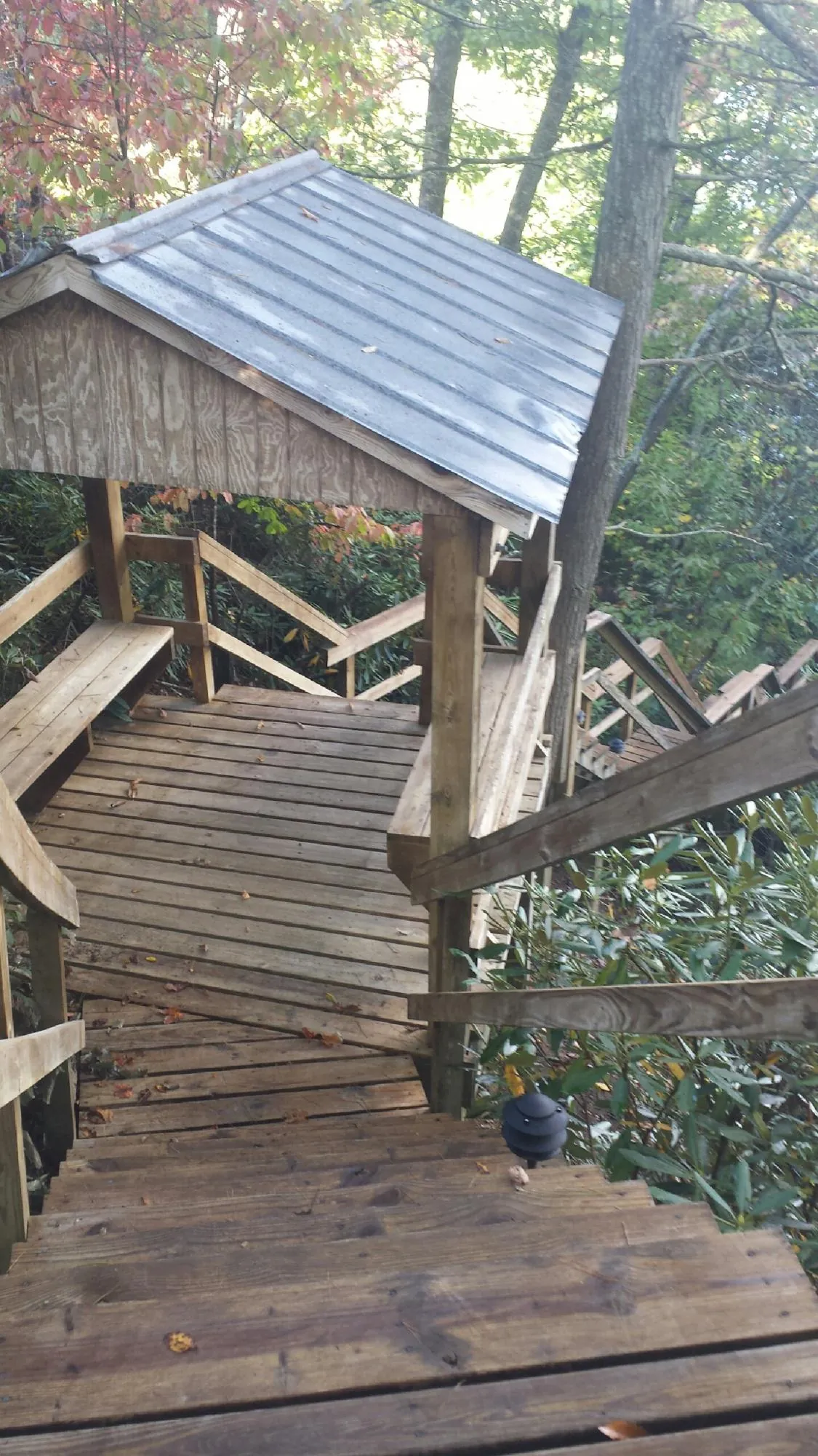 Metal roofed shelter over wooden steps on a wooded walkway — Skylight Repair & Installation work by our crew in Hines