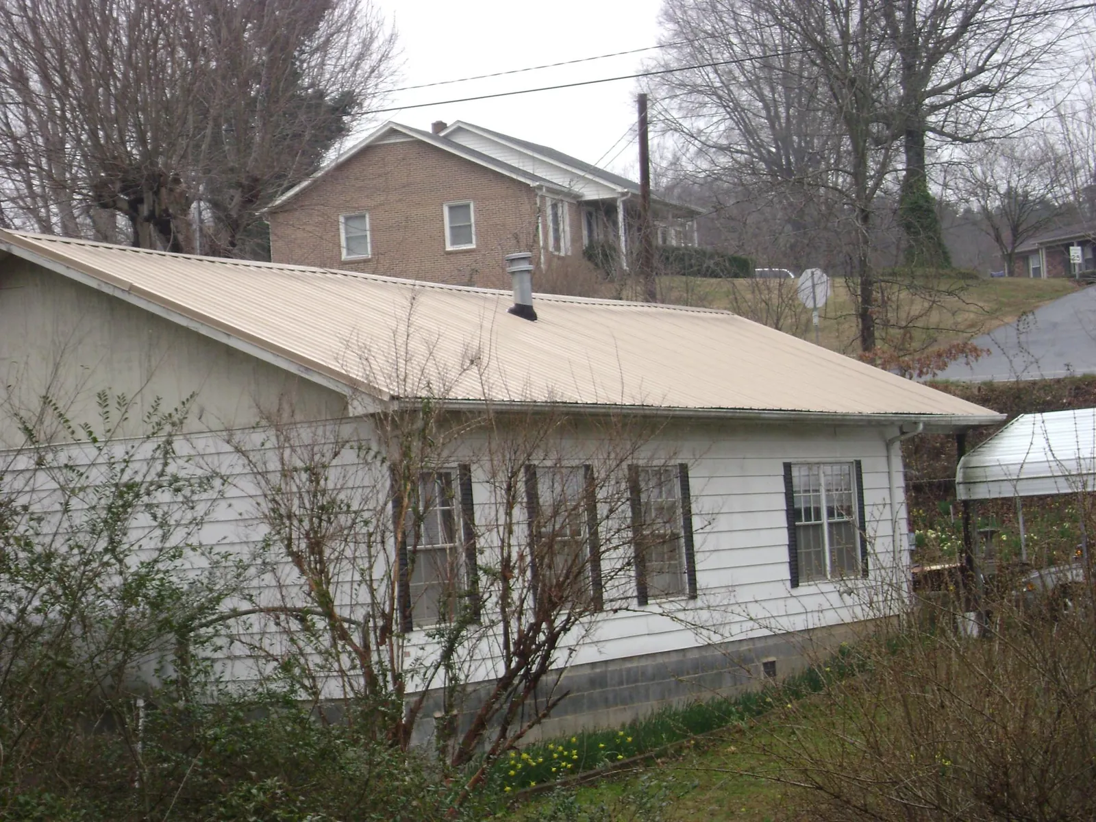 Tan metal roof on a white sided house set into a hillside — Commercial Roofing by Roofing Brothers in Hines